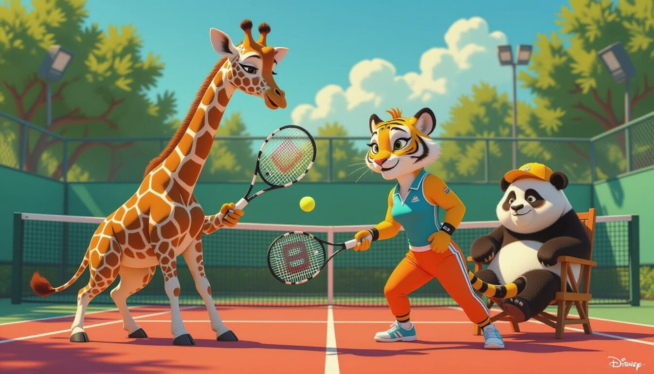 Giraffe and Tigress Play Tennis in Disney Style