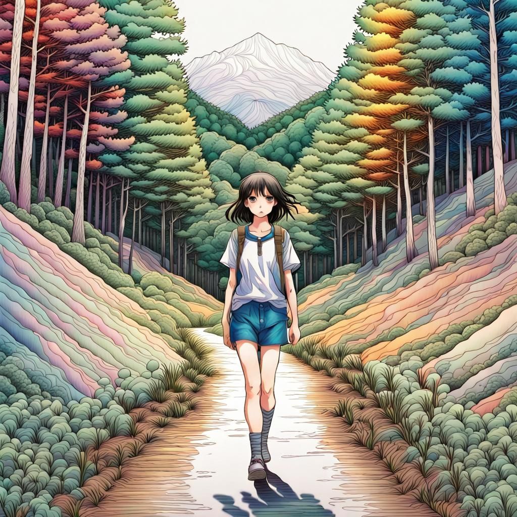 Manga Girl in Forest Valley with Detailed Ink Lines