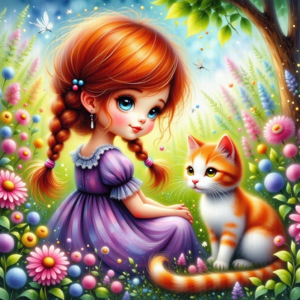 Girl with Cat in Flower Field, Impasto Oil Painting