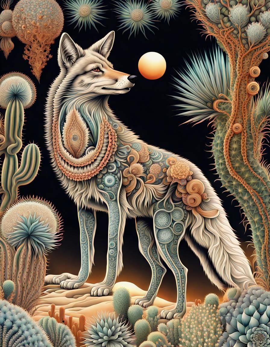 Ornate Coyote in Desert Landscape, Haeckel Style