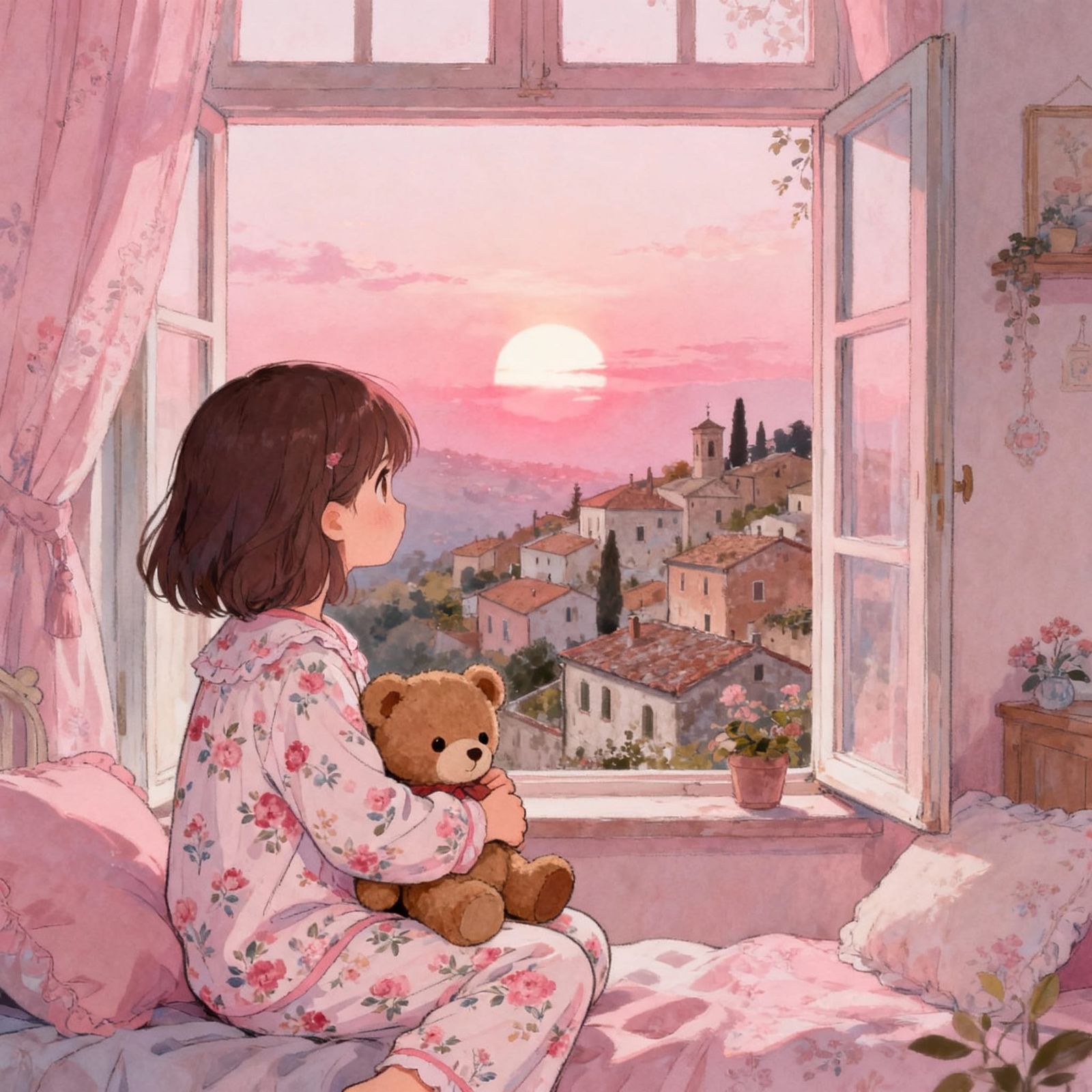 Girl Greets Sunrise in Italian Village, Anime Style