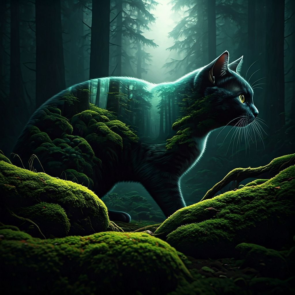 Black Cat Double Exposure with Mystical Forest Scene