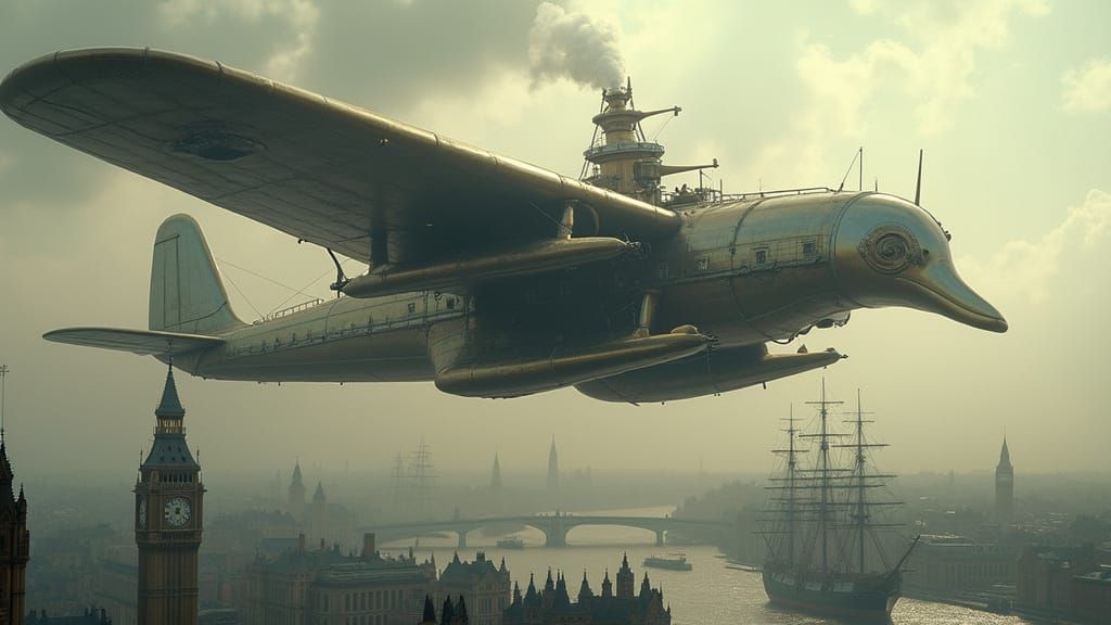 Steampunk Dolphin Seaplane Over Victorian London