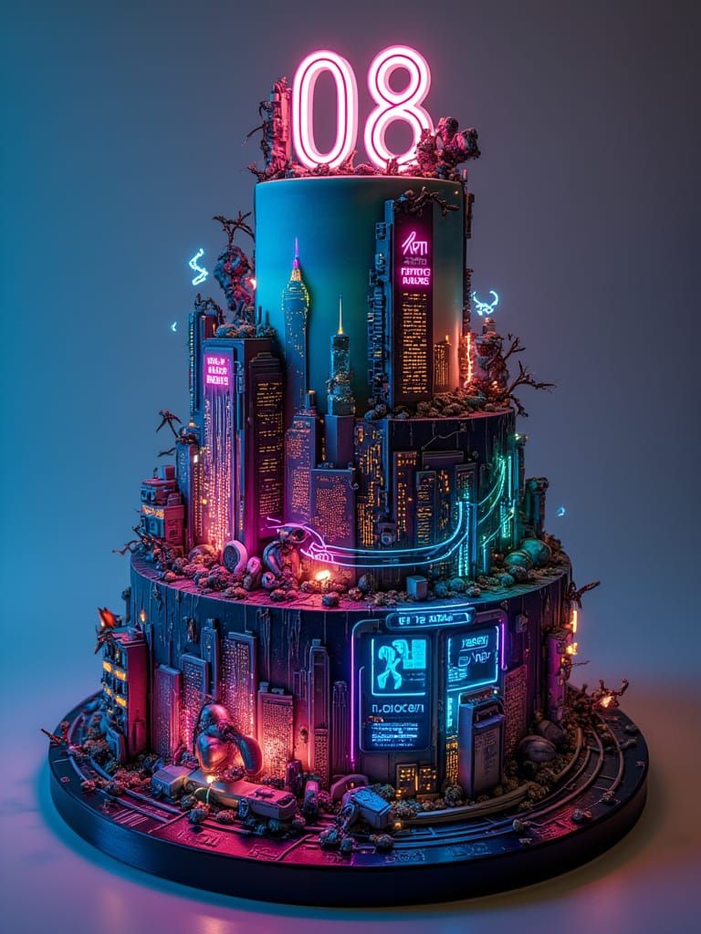 Cyberpunk Cityscape Cake in Neon Colors