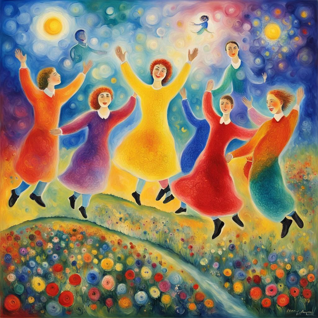 Joyful Light Figures in Chagall-Inspired Landscape