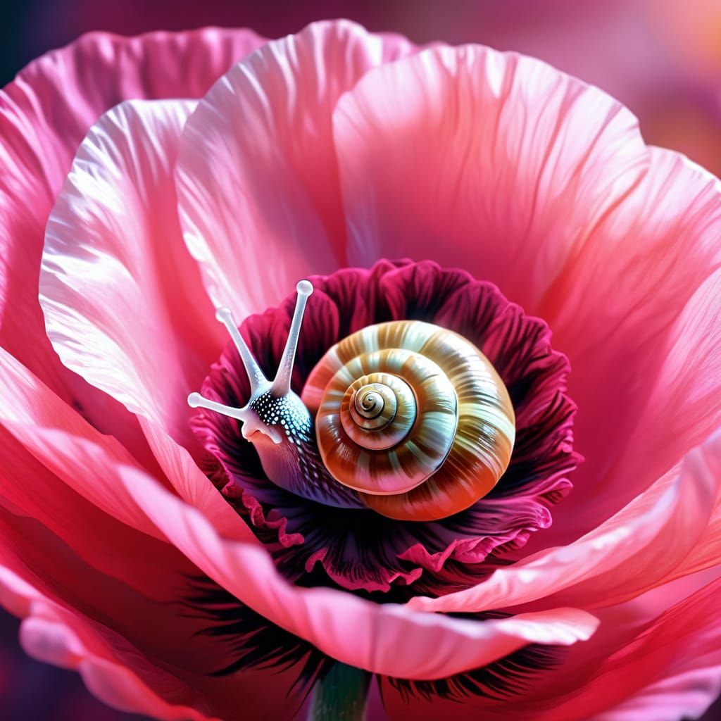 Surreal Pink Poppy Landscape with Tiny Snail