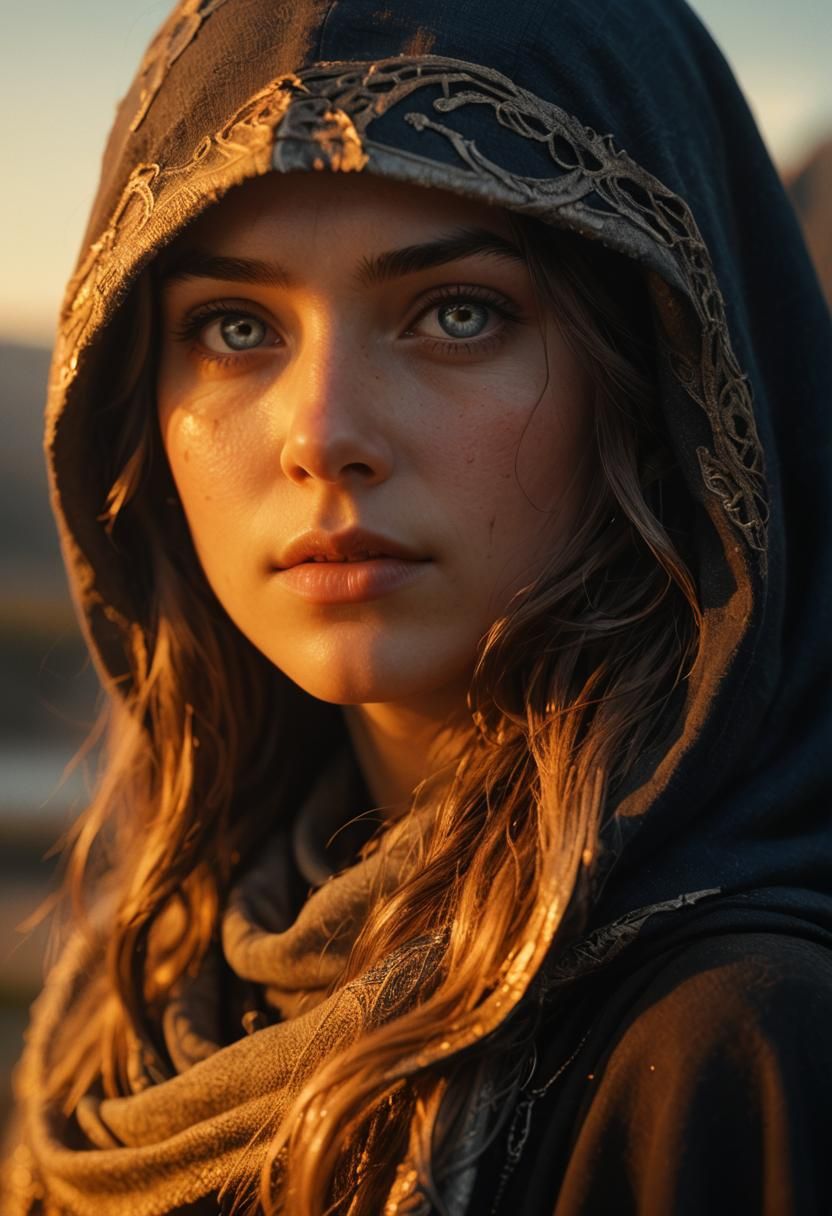 Mysterious Woman in Cape: Photorealistic Fantasy Portrait