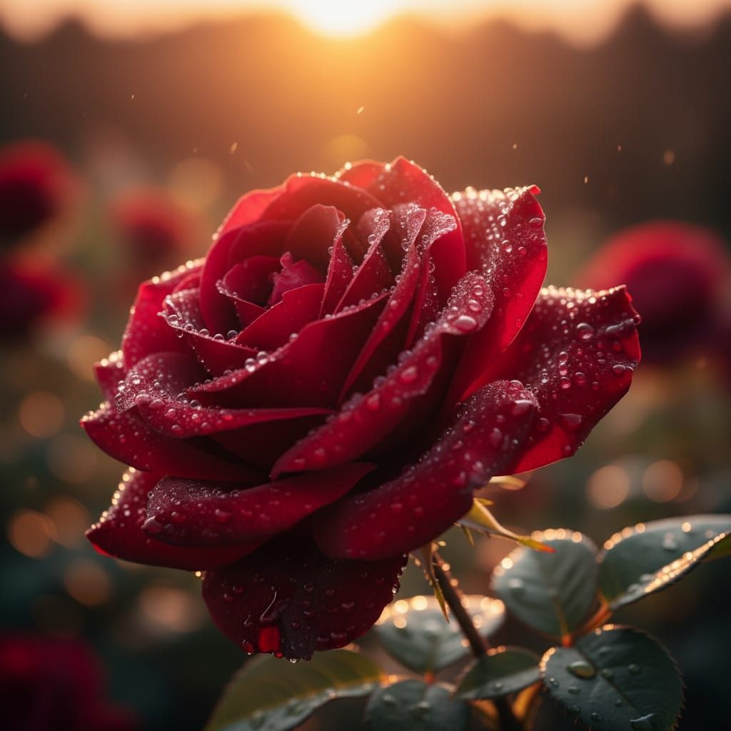 Dew Drops On Red Rose At Golden Hour