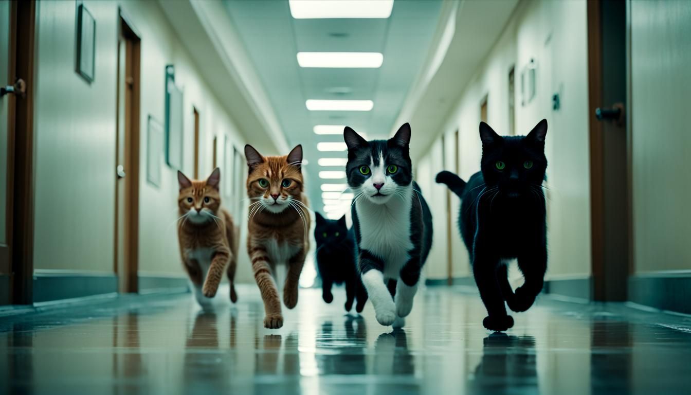 Cats Running in Hallway: Cinematic Film Still