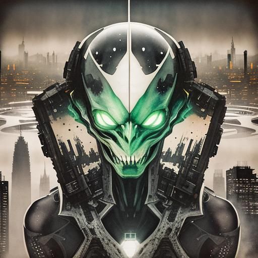 Alien Creature in Dystopian Cityscape: Double Exposure Photo...
