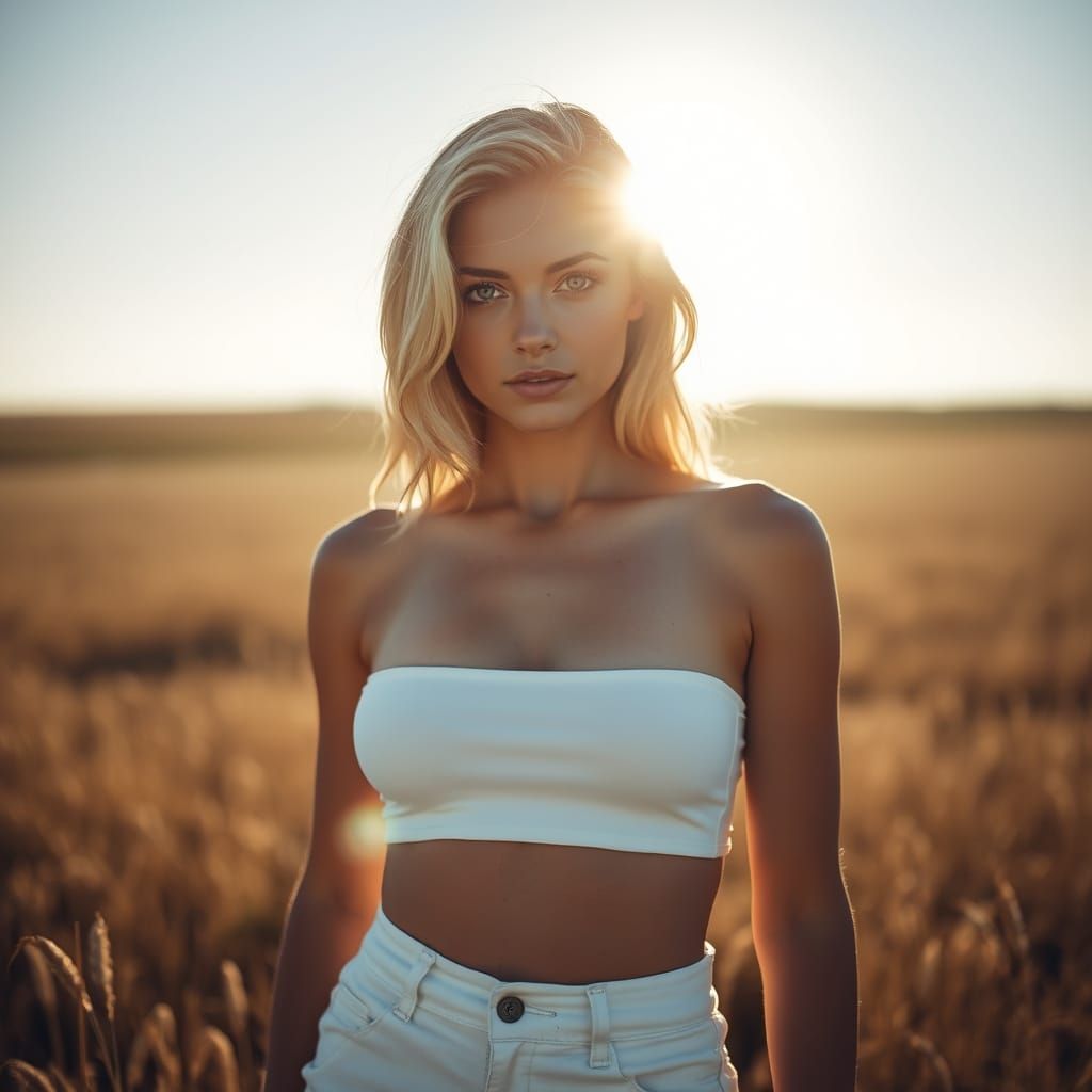 Vulnerable Blonde Woman in Sunlit Field