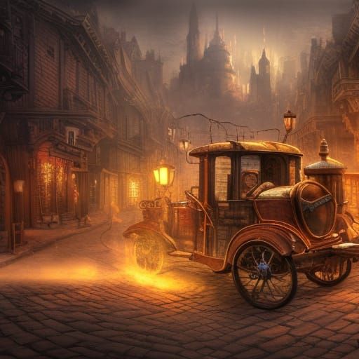 Steampunk Electric Car in 1400s Town, Detailed 8K