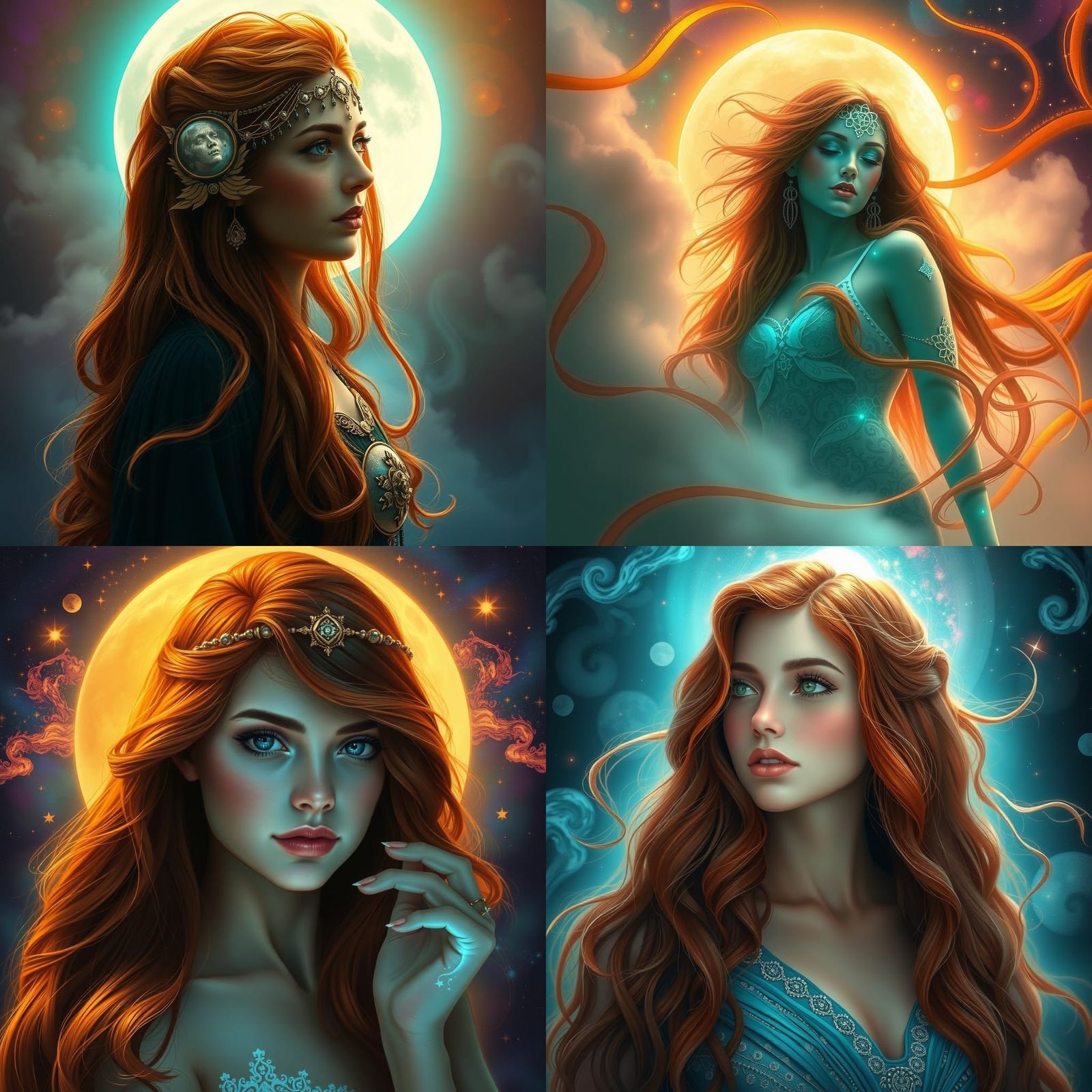 Auburn-Haired Moon Goddess in Hyperrealistic Astral Style