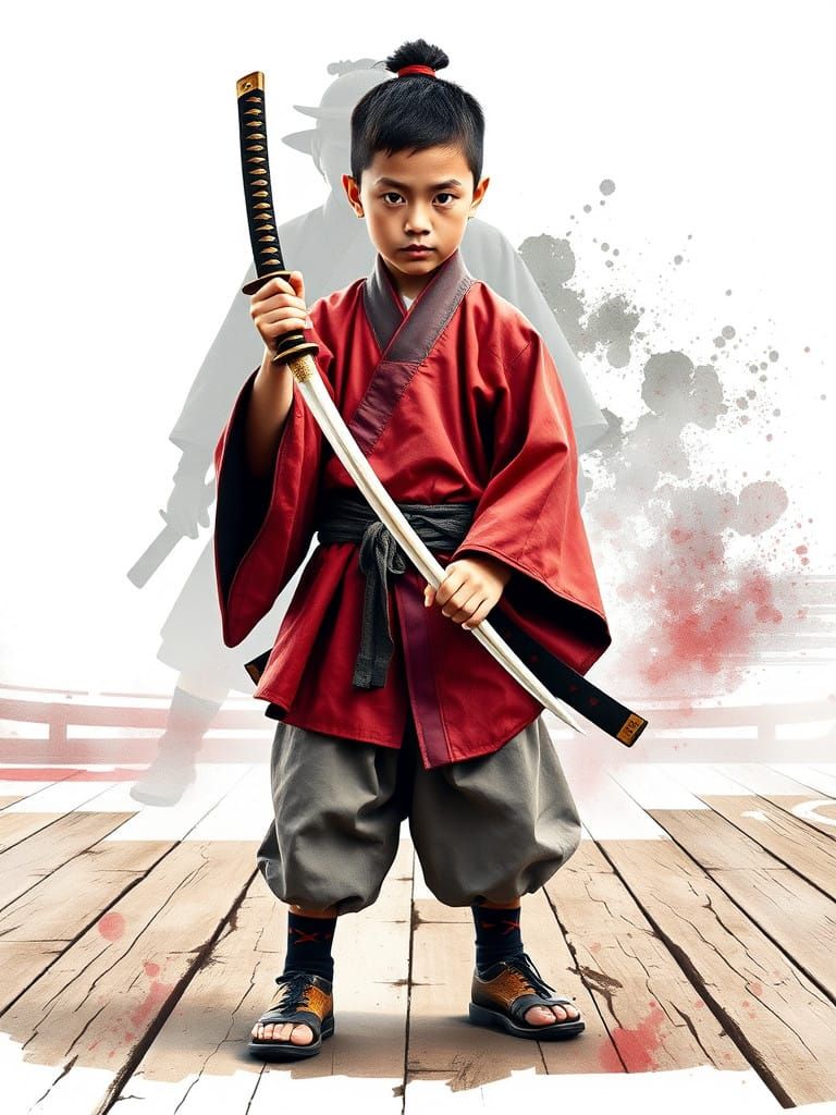 Heroic Boy Samurai in Traditional Training Ground