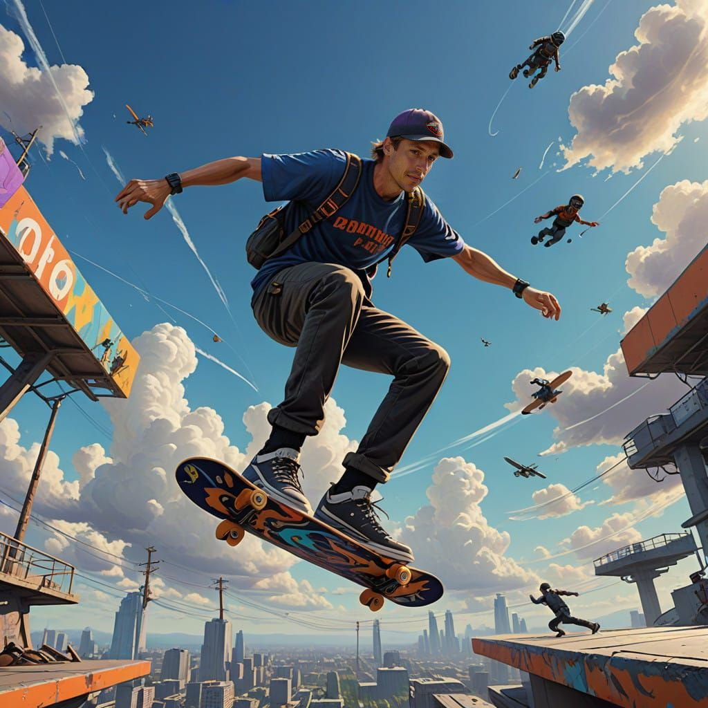 Tony Hawk Soars Through the Sky in Vibrant Fantasy Art