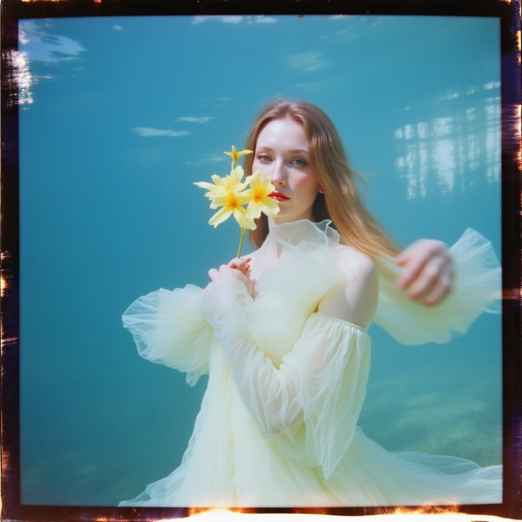 <lora:doublxposefilmglitch:1.0> <lora:Blur:1.0> a woman with flowers in front of her face underwater, water surface, ins...