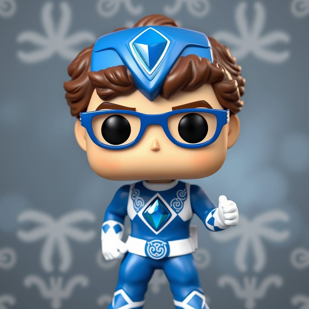 Funko pop of a young man with short curly brown hair and blu...