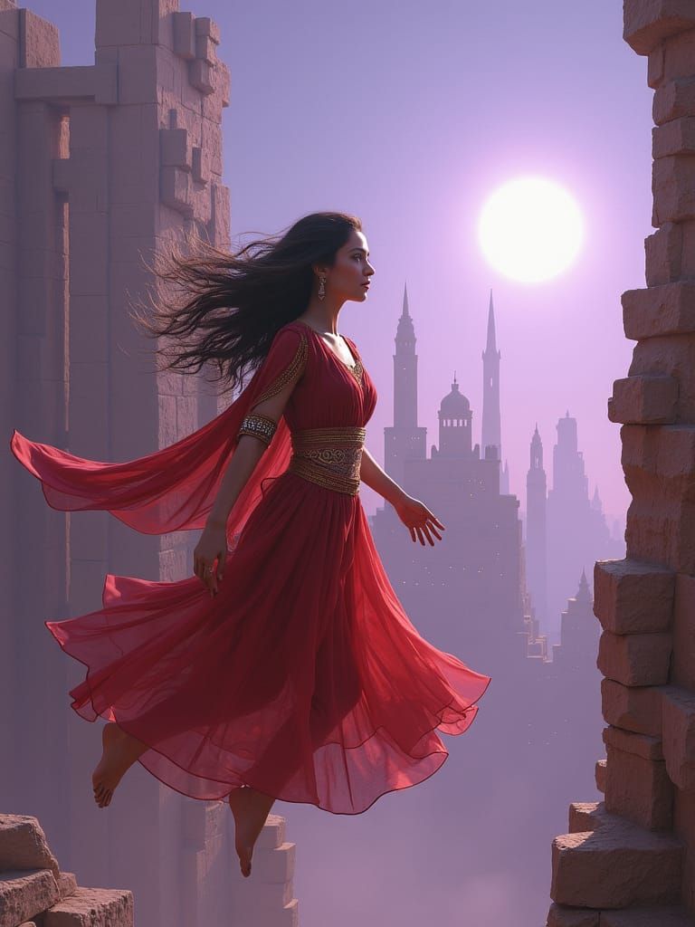 Woman Floats in Energy Sphere Above Alien City