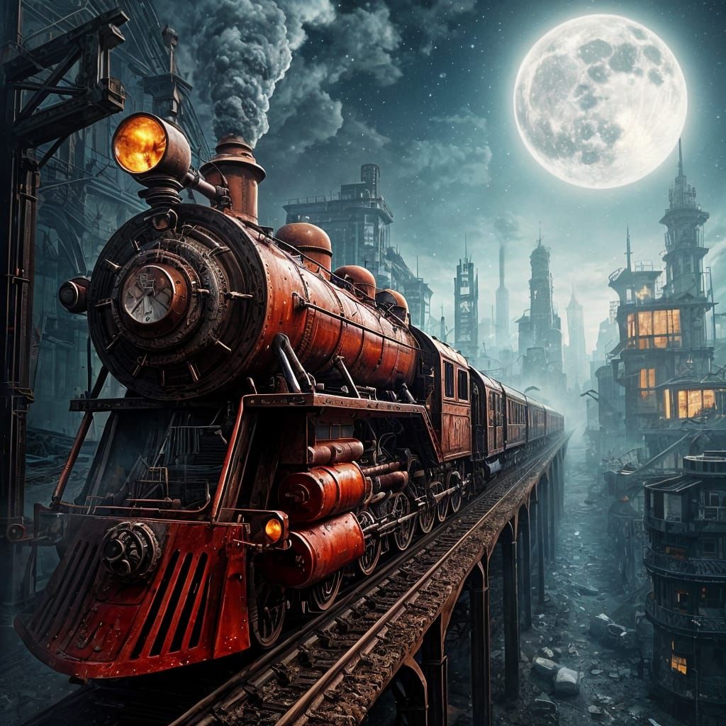 Steampunk Train Illuminates Futuristic Wasteland Cityscape