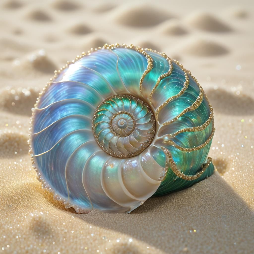 “Crystal” intricate detail of a nautilus seashell, blue gree...