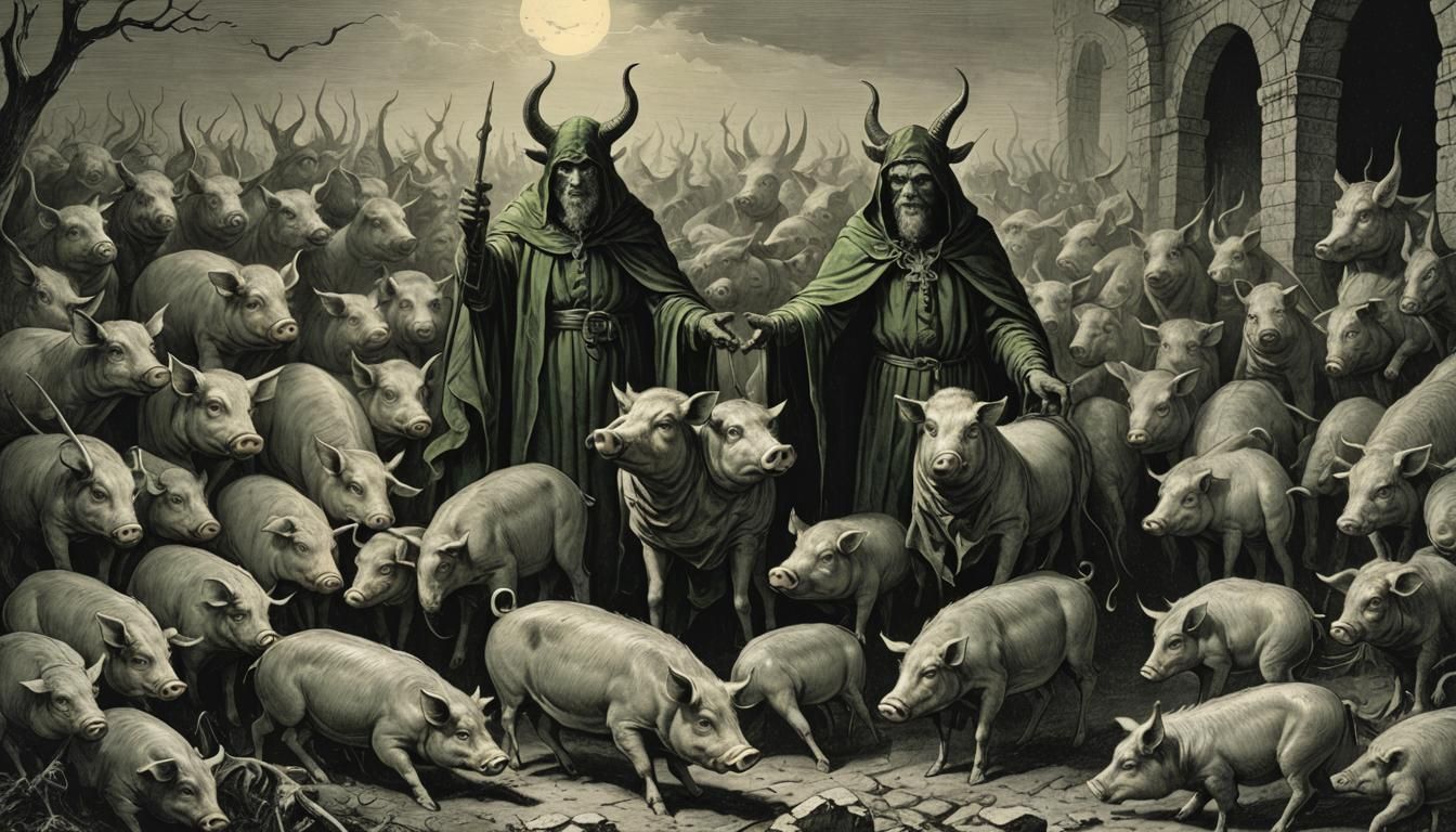 Satan Considers Green Deal with Pigs, Horror Art
