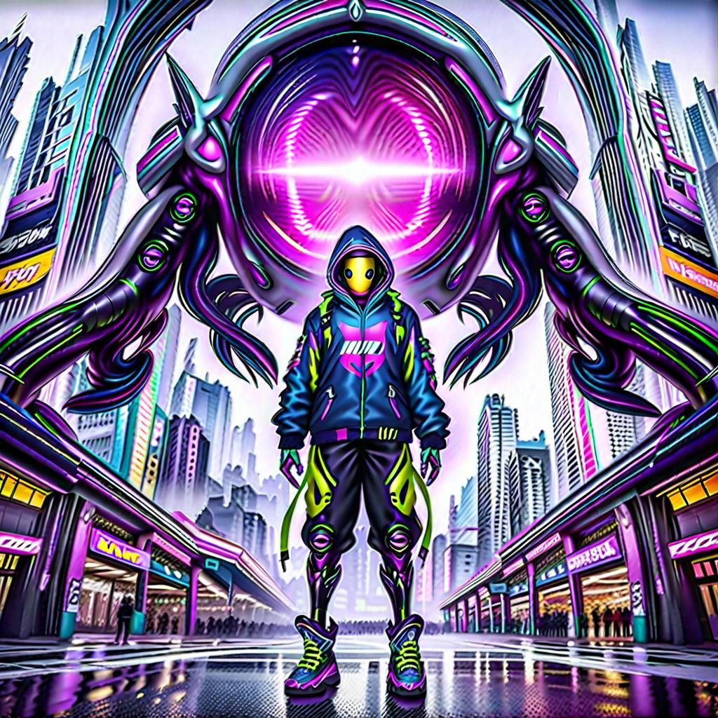 Hyperrealistic Alien Cyborg in Sci-Fi City