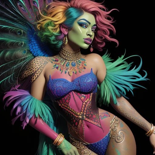 Abstract Portrait of Woman with Rainbow Skin in Fauvist Styl...