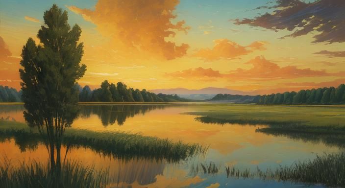 Expressionist Sunset Landscape Painting with Lush Fields