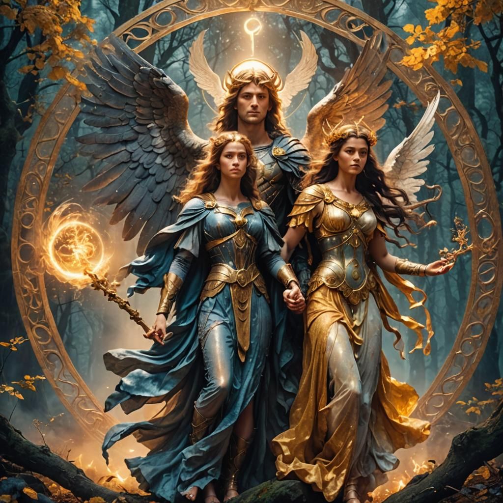 Archangel Michael and Hecate in Misty Forest