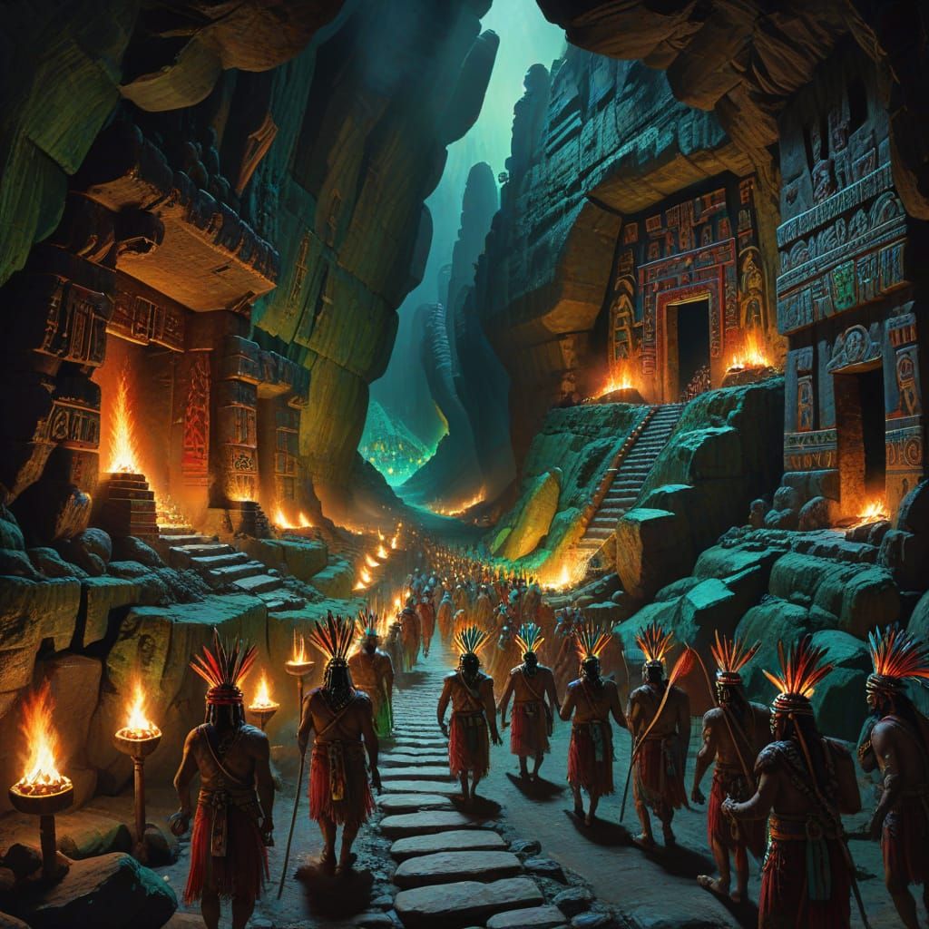 Ancient Temple Procession in a Deep Cave