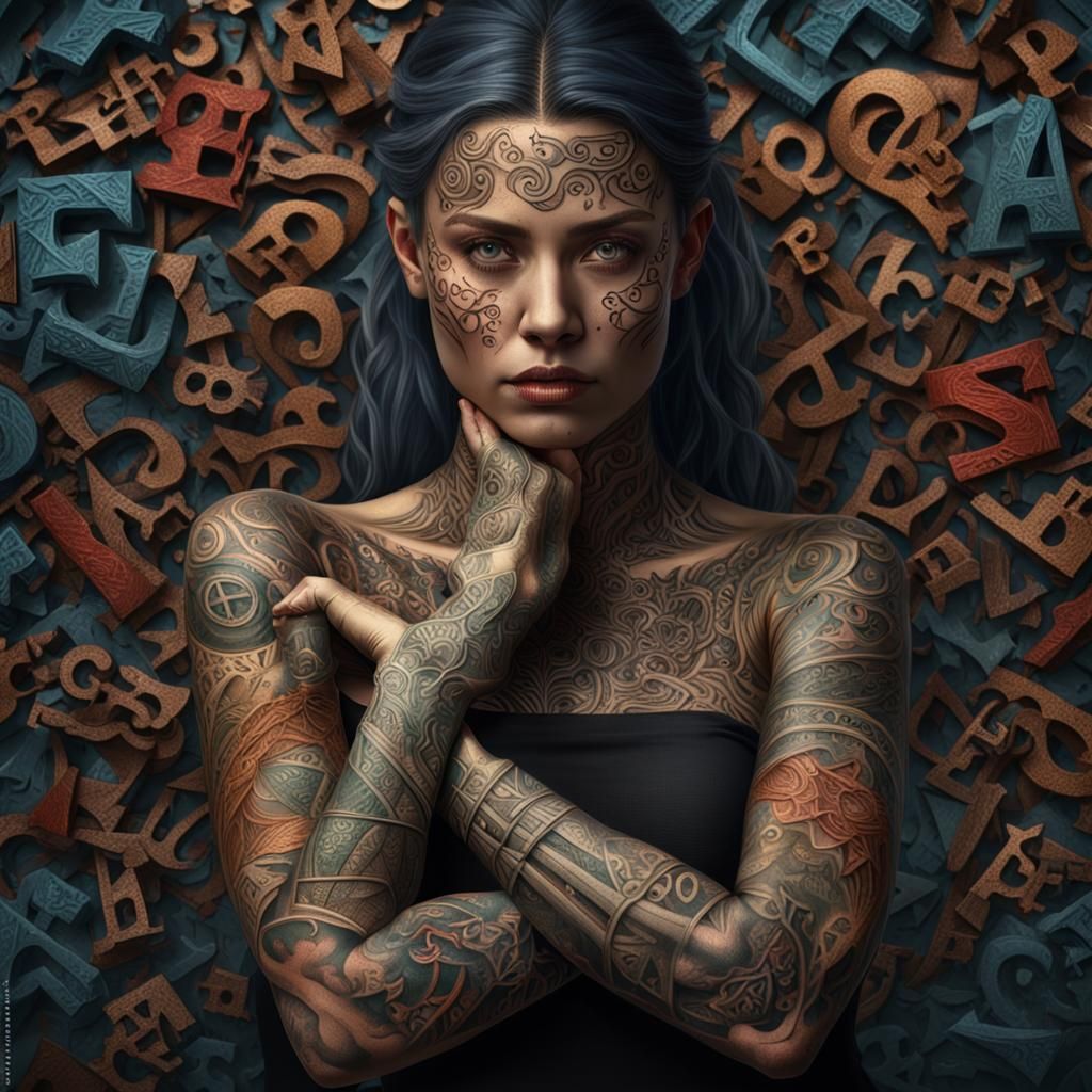 Woman Covered in Letter Tattoos: Detailed Matte Painting