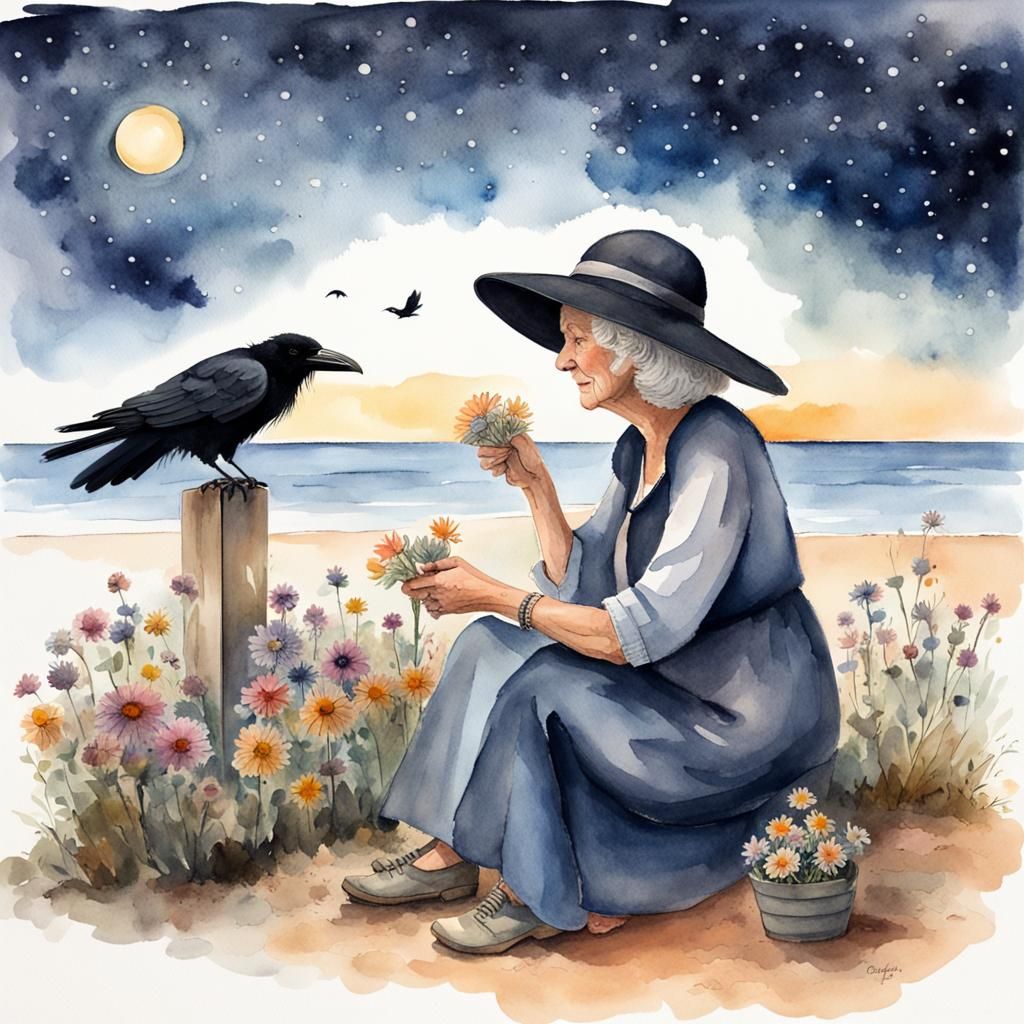 Beach Scene: Old Woman, Raven, and Starlight in Watercolors
