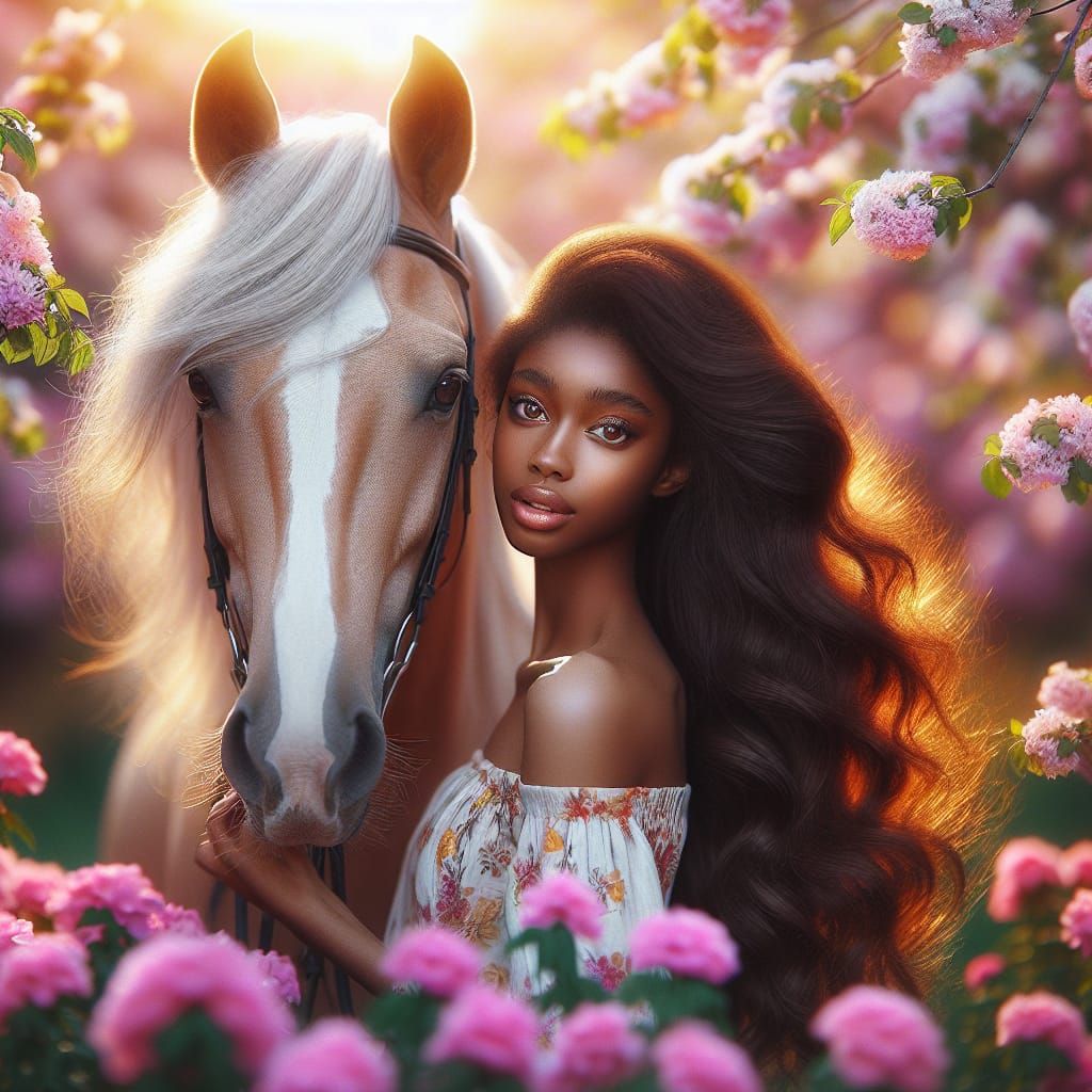Girl and Horse in Blooming Flower Field