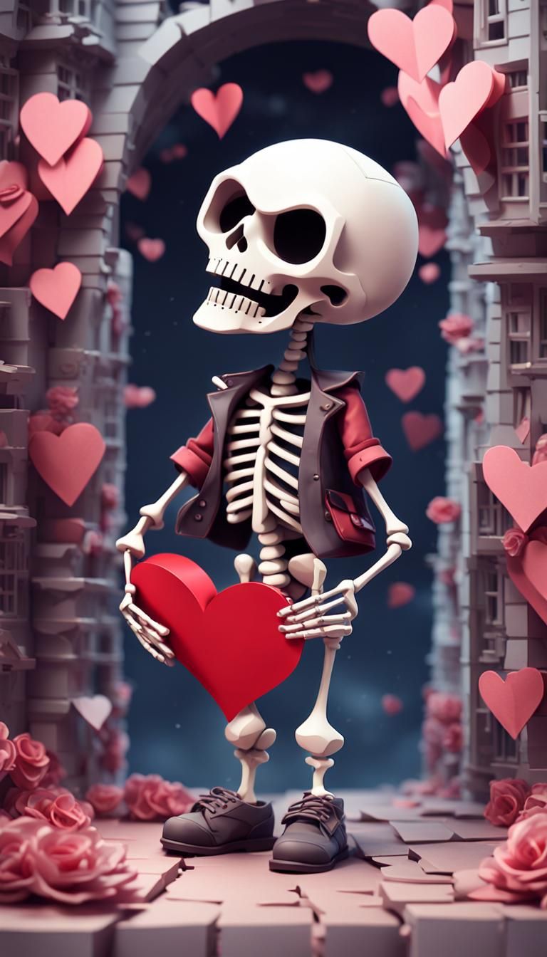 Chibi Skeleton with Valentine Card in Paper Weaving Style