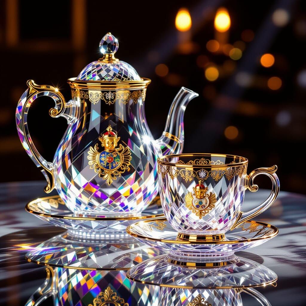 Elegant Glass & Crystal Coffee Set with Gold Mascot