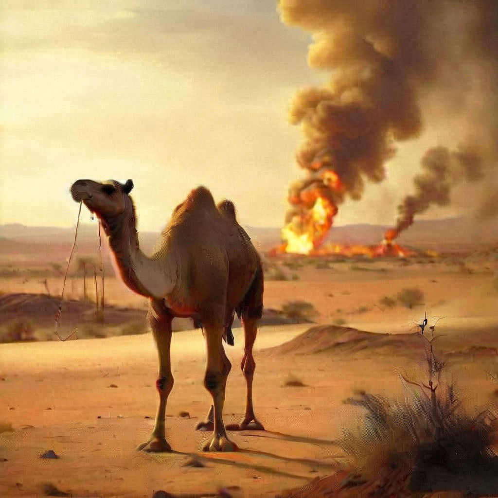 Desert Oil Fields Ablaze: Hyperrealistic Distant View