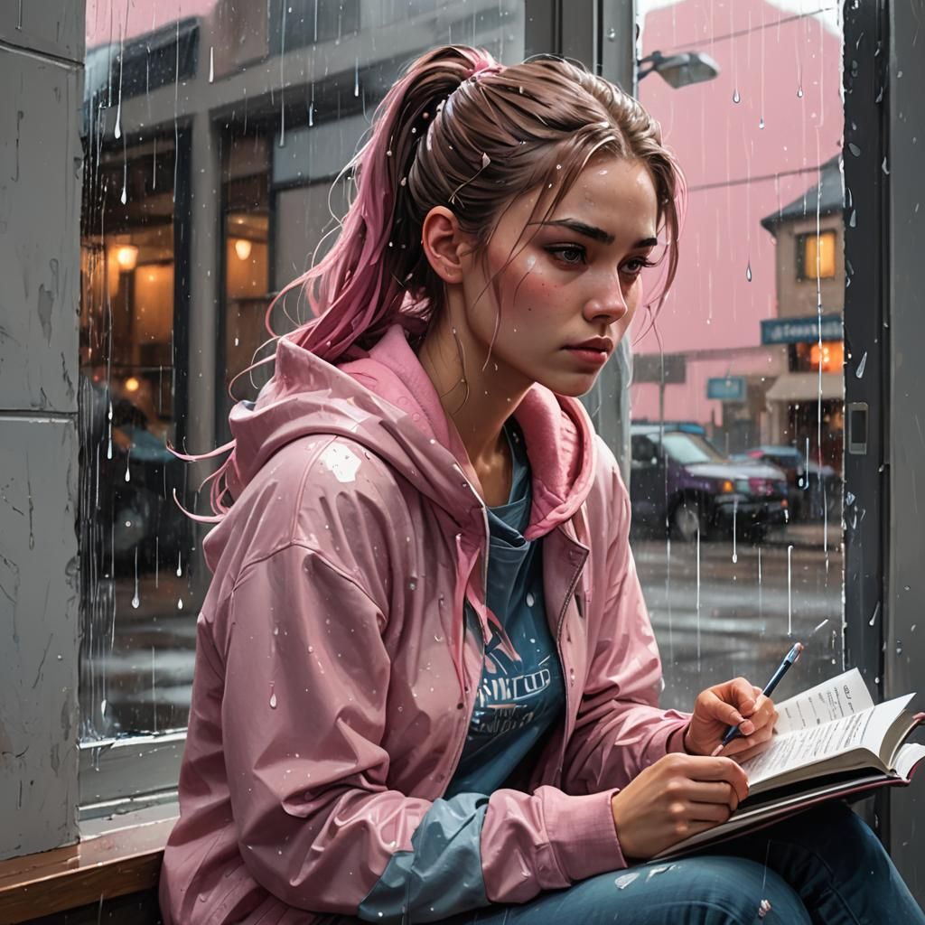 Girl with Notebook in Rainy Window, Detailed Portrait