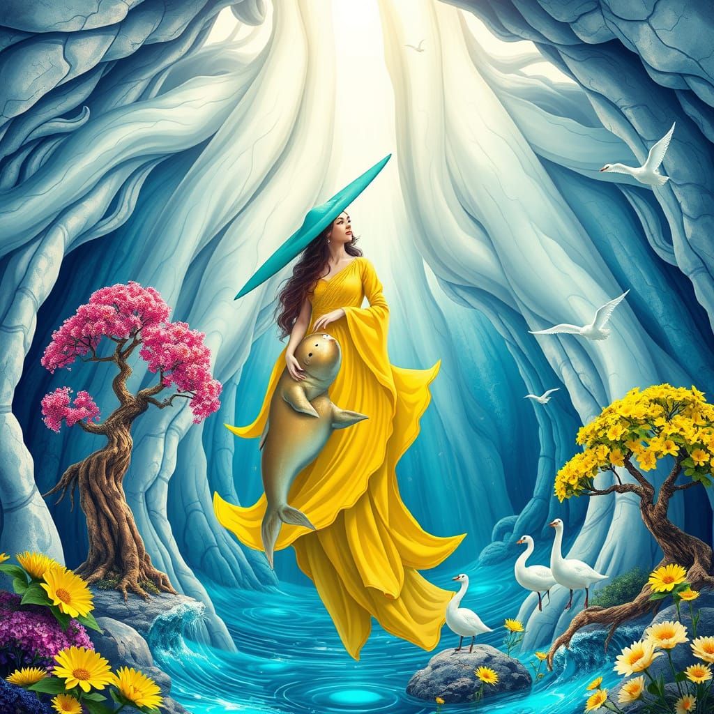 Goddess with Golden Seal in Underwater Cave