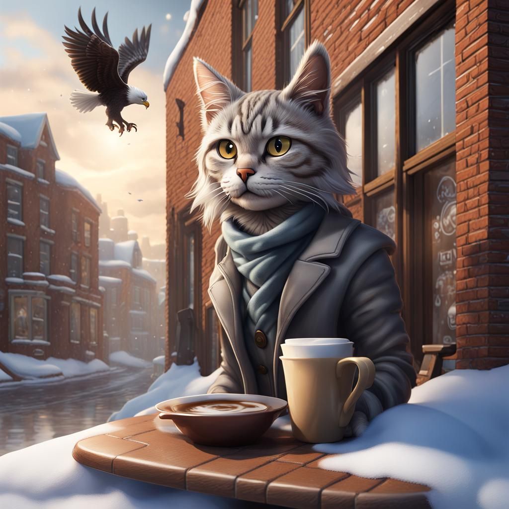 Grey Tabby Cat Cafe Logo on Snowy Morning