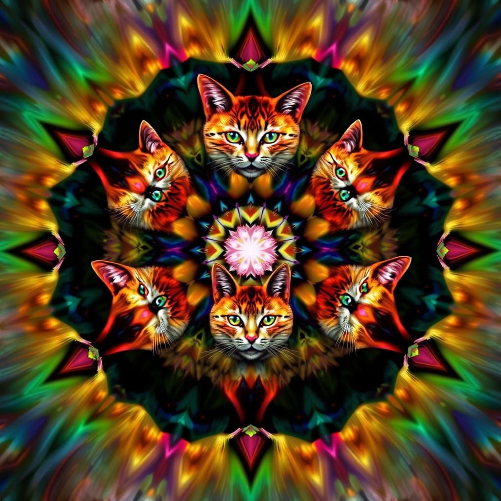 Kaleidoscope of Fractal Cats in Psychedelic Art Style