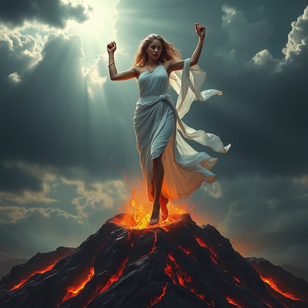 Aphrodite Dances Atop a Volcano in Hyperrealistic Style
