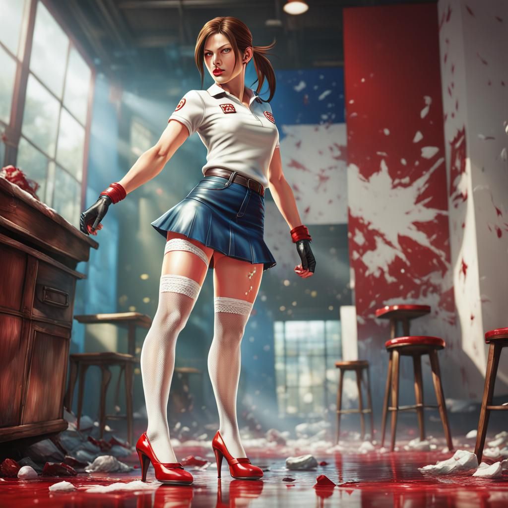Claire Redfield in miniskirt, white stockings and red high heels
