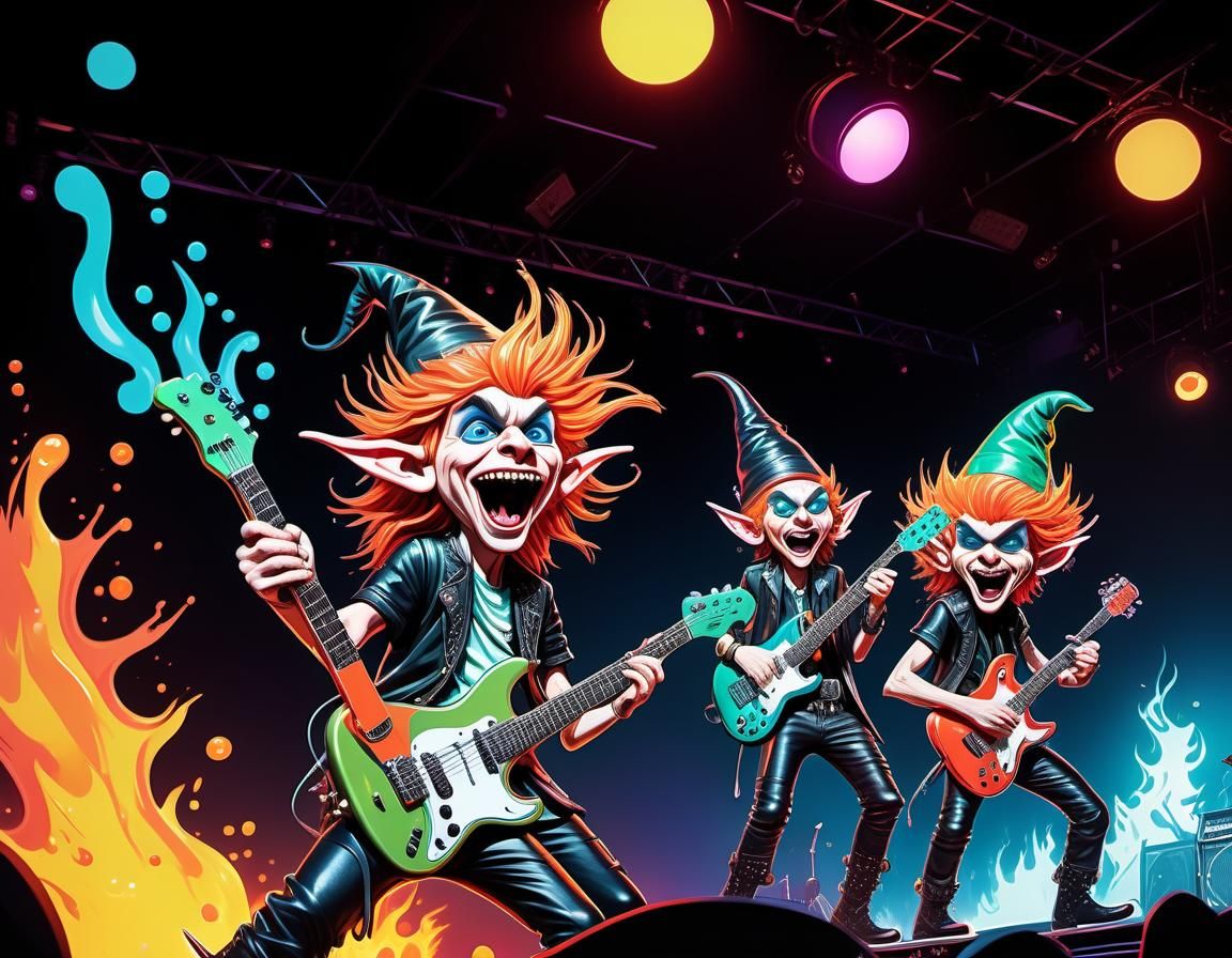 Cartoon Elf Metal Band in Pop Art Style