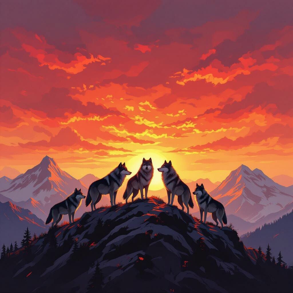 Wolves on Mountain Peak with Red Sky