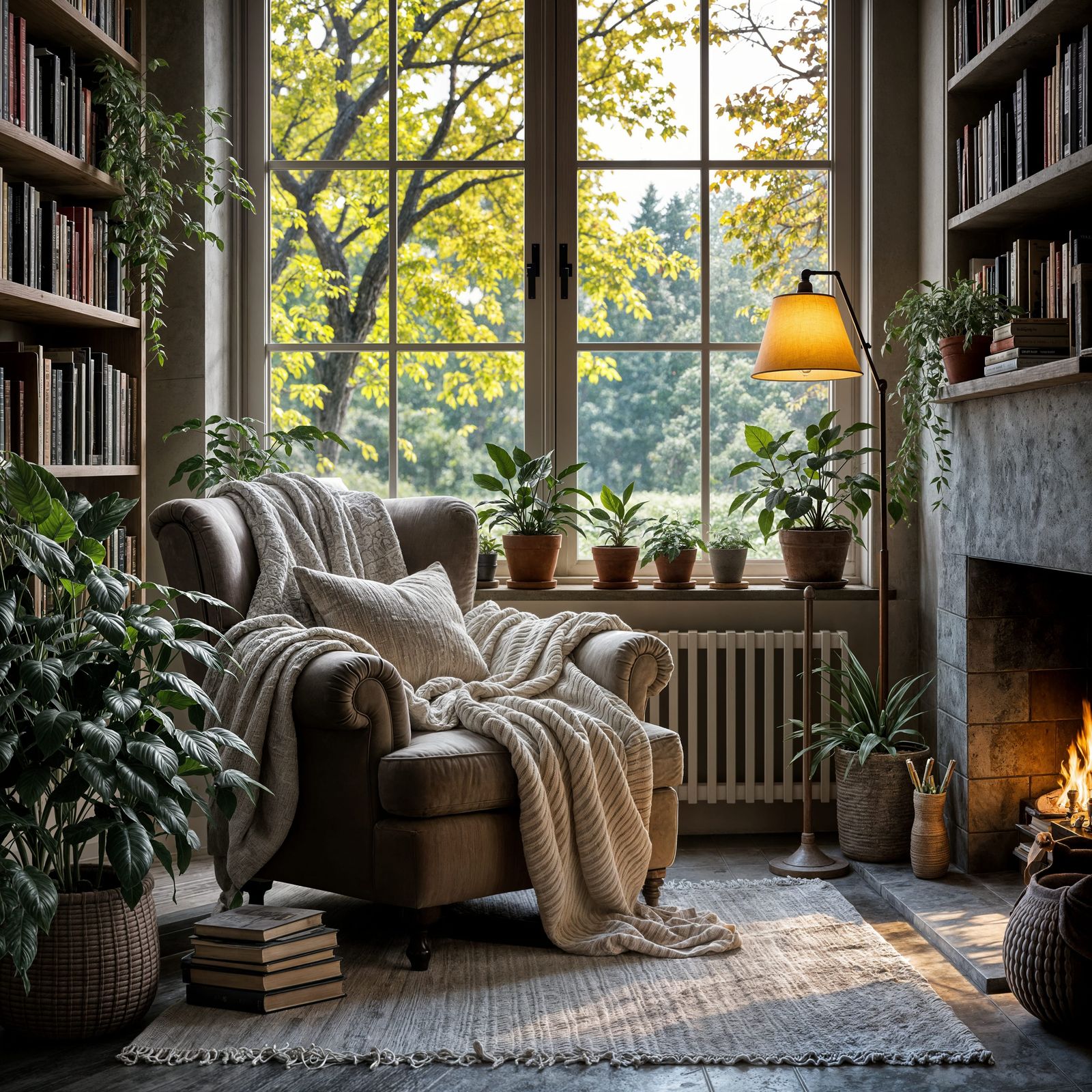 Cozy Reading Nook With Fireplace and Bookshelves