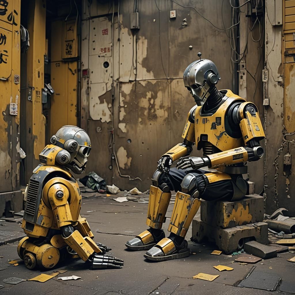 Old Man and Robot in Tokyo Alley