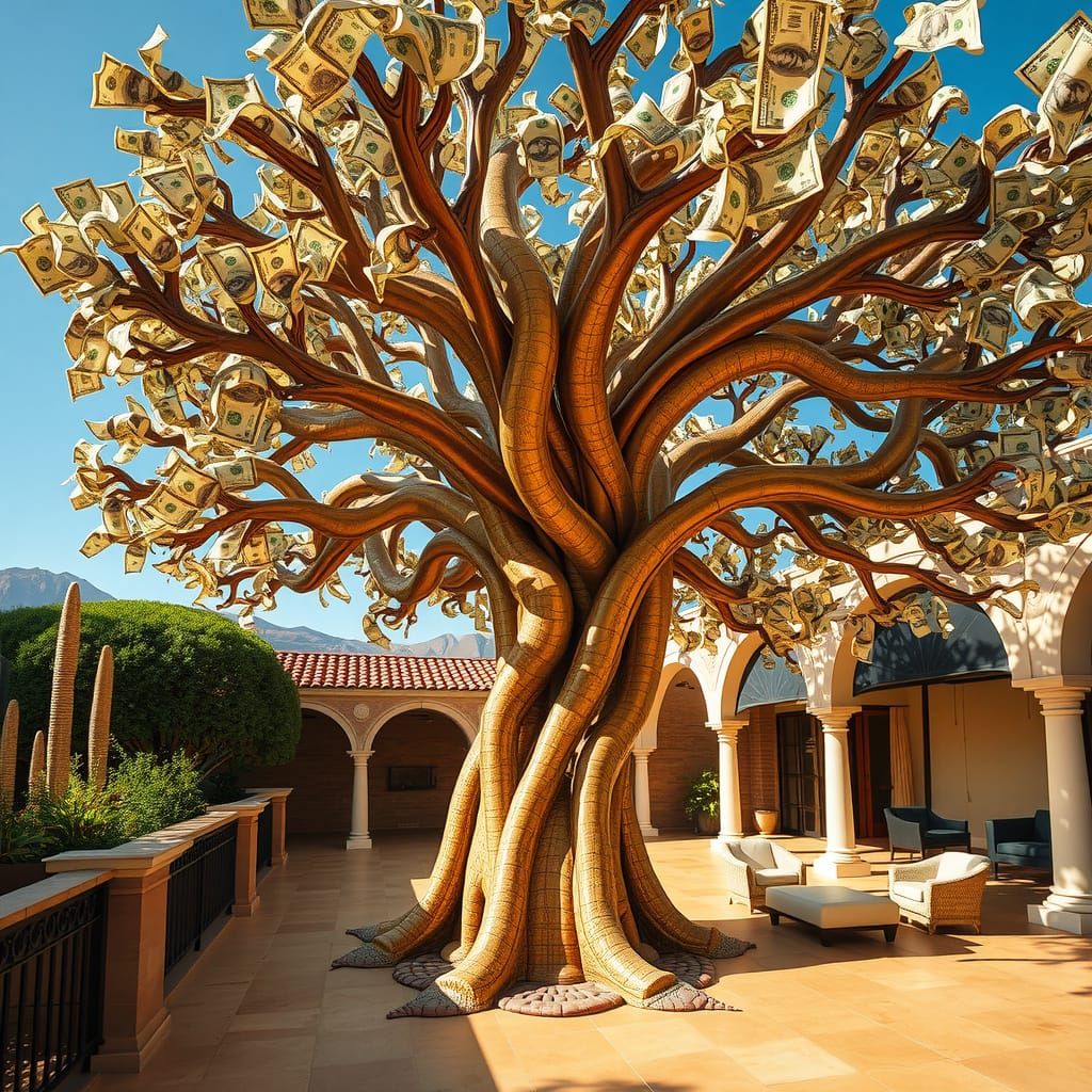 Surreal, Biomechanical Money Tree in Sun-Drenched Courtyard