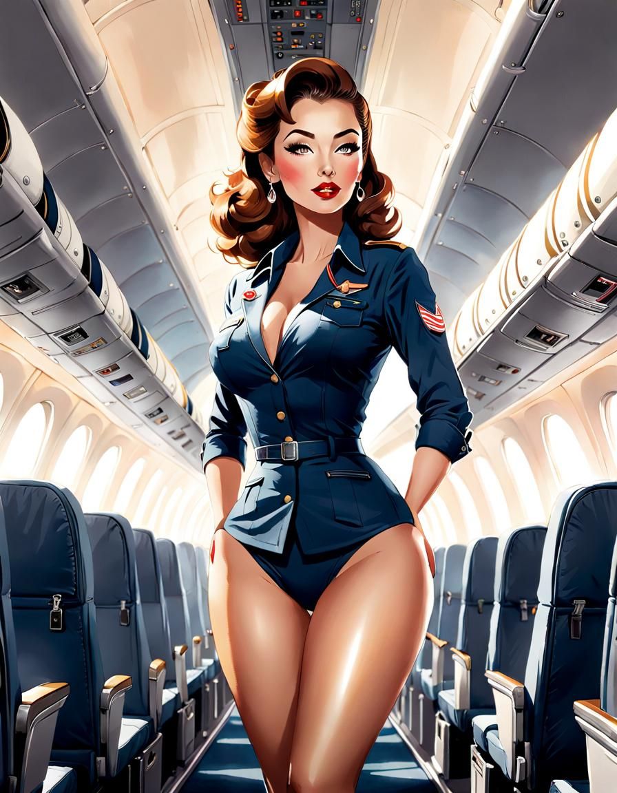 Pin-Up Flight Attendant in Watercolor Style
