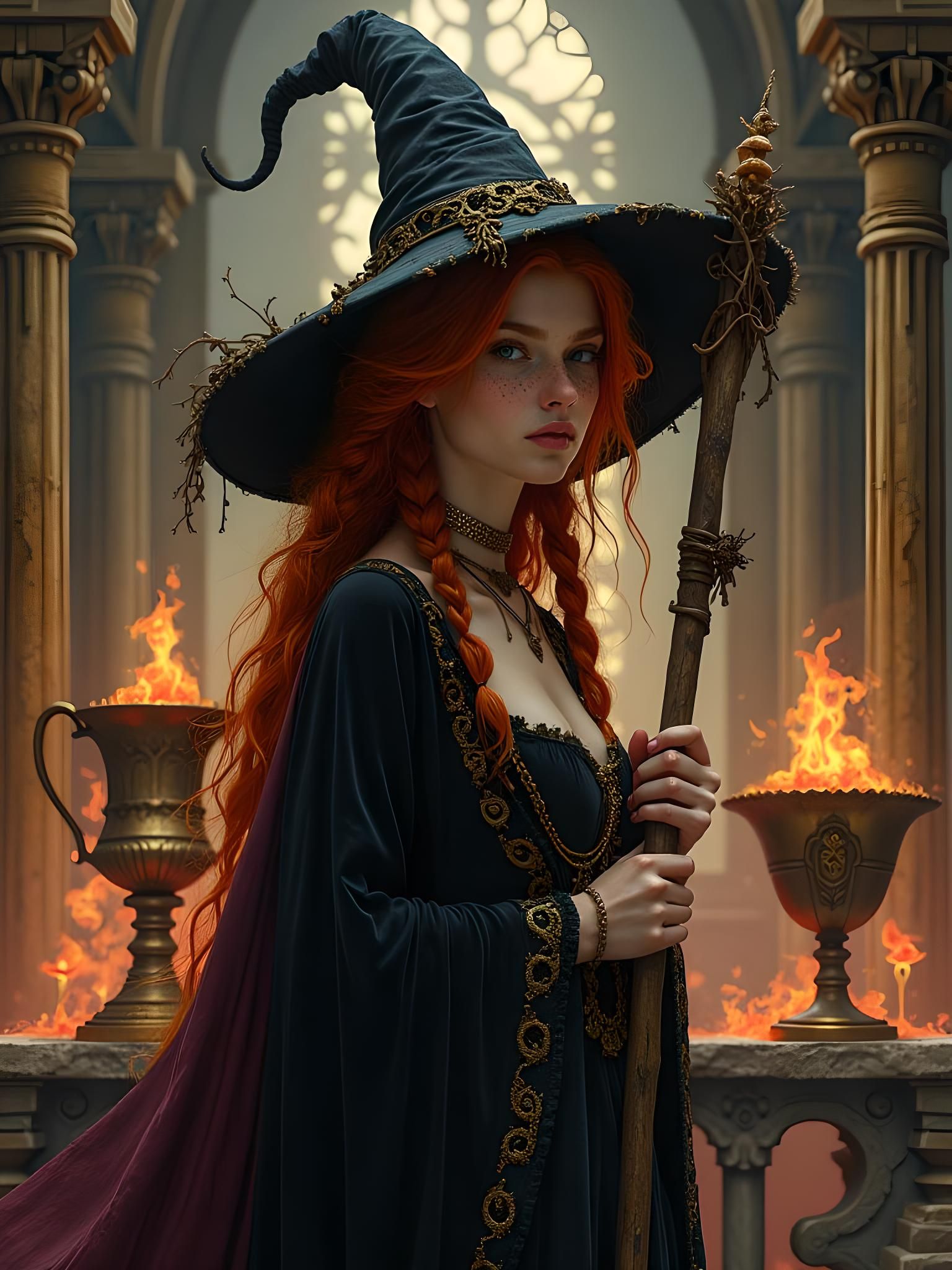 Ginger Witch at Sinister Altar: Dark Fantasy Illustration