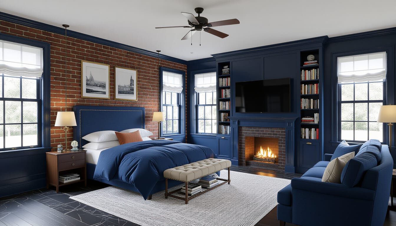 Victorian Bedroom with Navy Blue Accents and Snowy Views